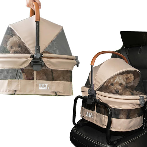 No-Zip View 360 Ultra Lite Pet Safety Carrier & Car Seat for Small Dogs & Cats Push Button Entry, 15", Sand